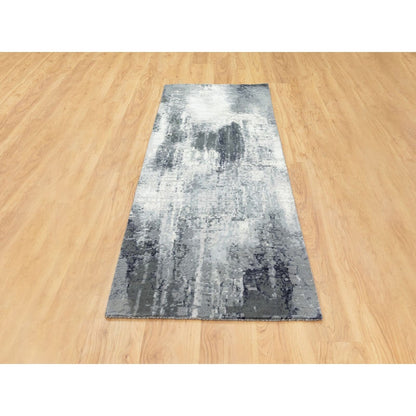 2'5"X8' Charcoal Black Abstract Design Wool-Silk Hand Knotted Runner Rug