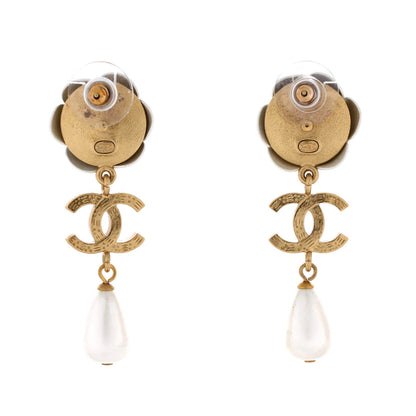 Chanel Camellia Cc Teardrop Dangle Earrings Metal With Crystals And Faux Pearl