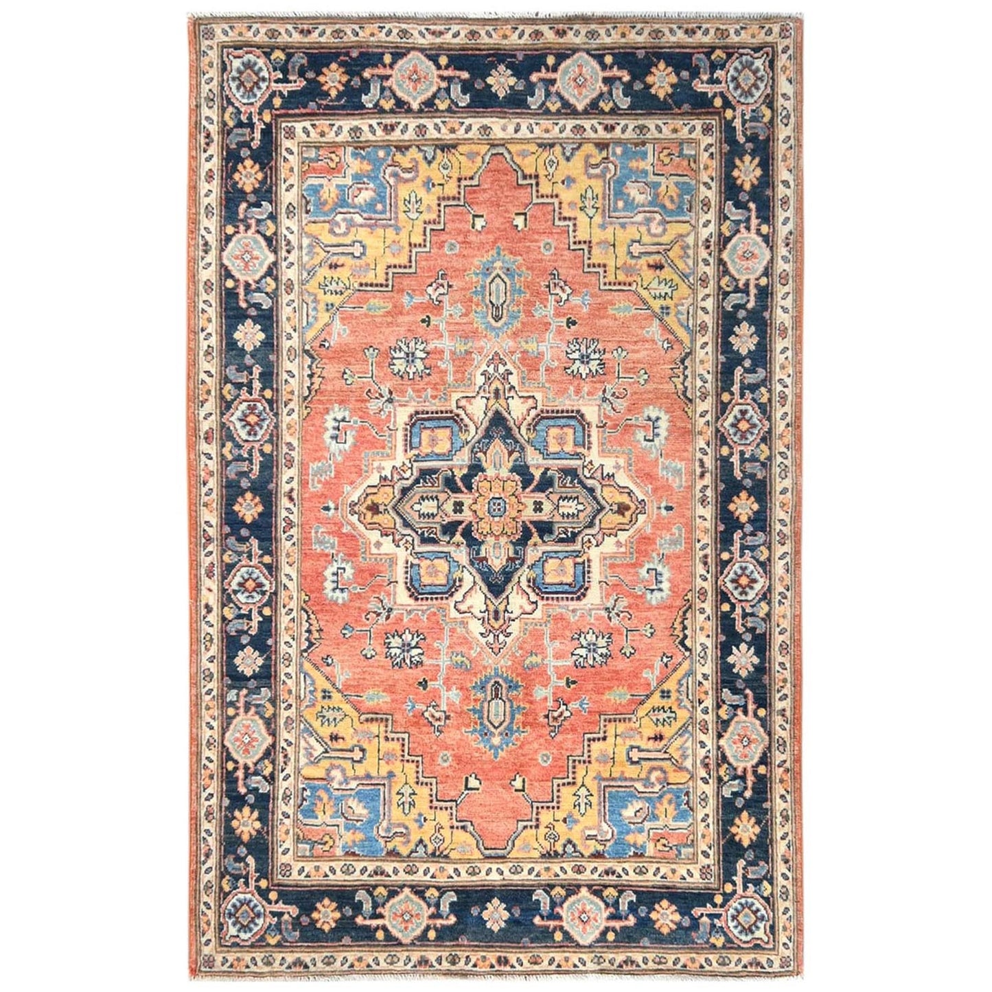 4'X5'10" Orange Hand Knotted Wool Afghan Peshawar With Heris Design Rug