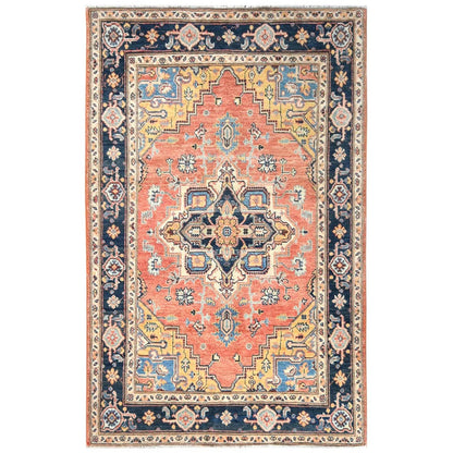 4'X5'10" Orange Hand Knotted Wool Afghan Peshawar With Heris Design Rug