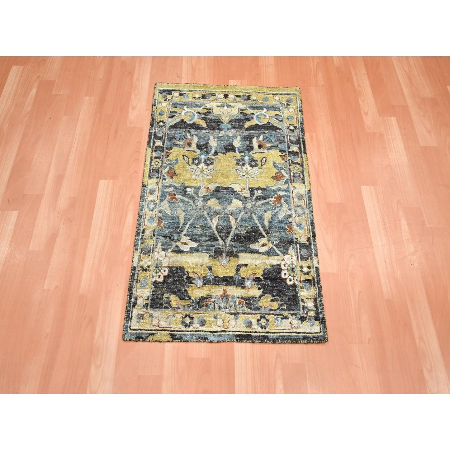 2'X3'3" Blue With Yellow Zoroastrian Design Hand Knotted Wool Sample Rug