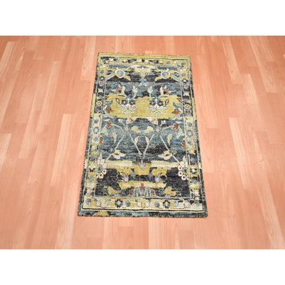 2'X3'3" Blue With Yellow Zoroastrian Design Hand Knotted Wool Sample Rug