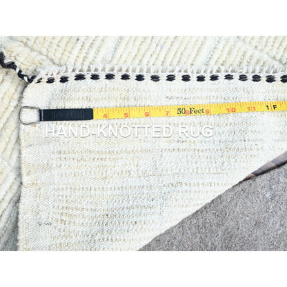 1'8"X2' Bone White Natural Wool Moroccan Weave Grid Design Hand Knotted Rug