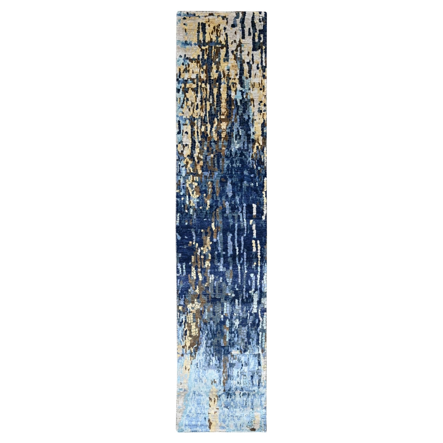 2'6"X12' Yale Blue Mosaic Design Hand Knotted Wool And Silk Runner Rug