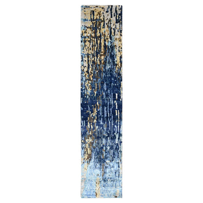 2'6"X12' Yale Blue Mosaic Design Hand Knotted Wool And Silk Runner Rug