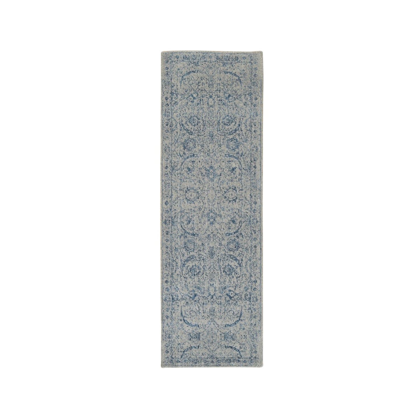 2'6"X8'1" Hand Loomed Gray Fine Jacquard Wool And Silk Runner Rug