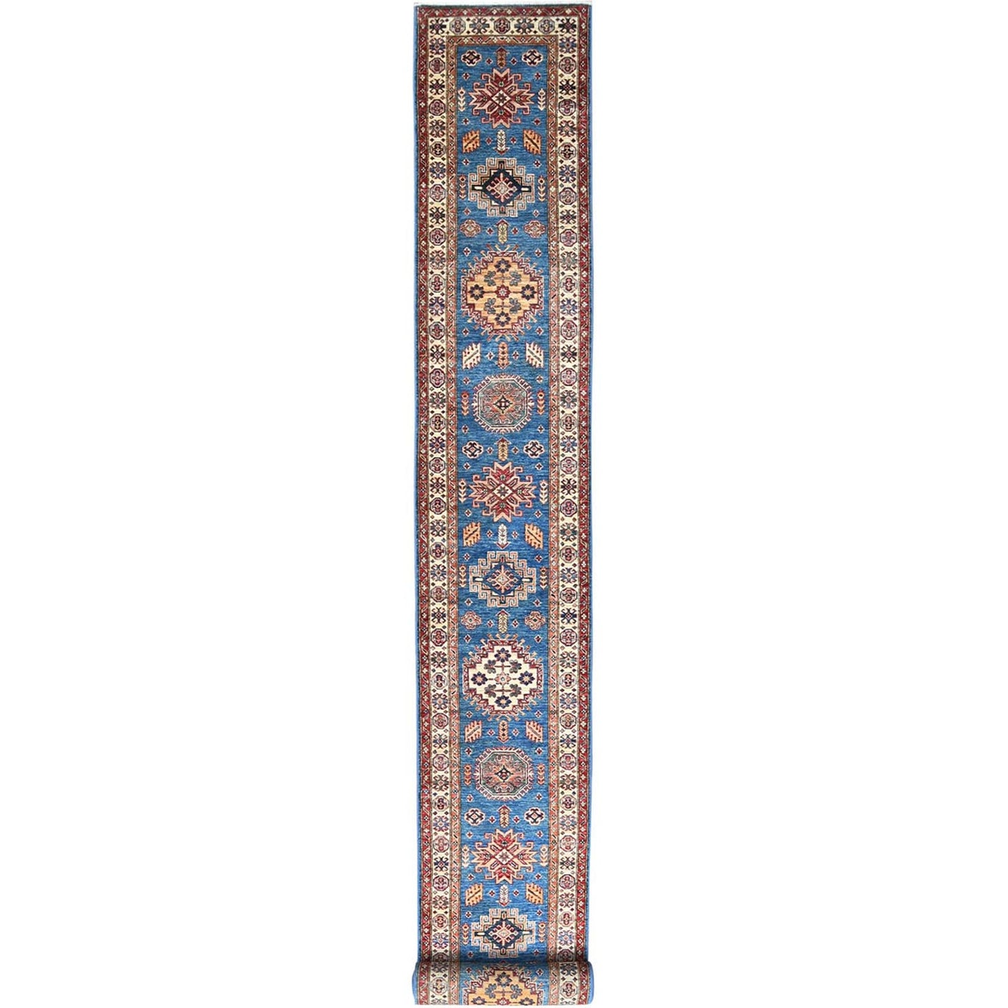 Blue wool afghan super kazak rug hand knotted blue soft 2'6"x33'6" runner.