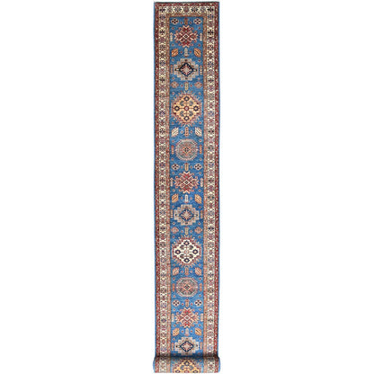 Blue wool afghan super kazak rug hand knotted blue soft 2'6"x33'6" runner.