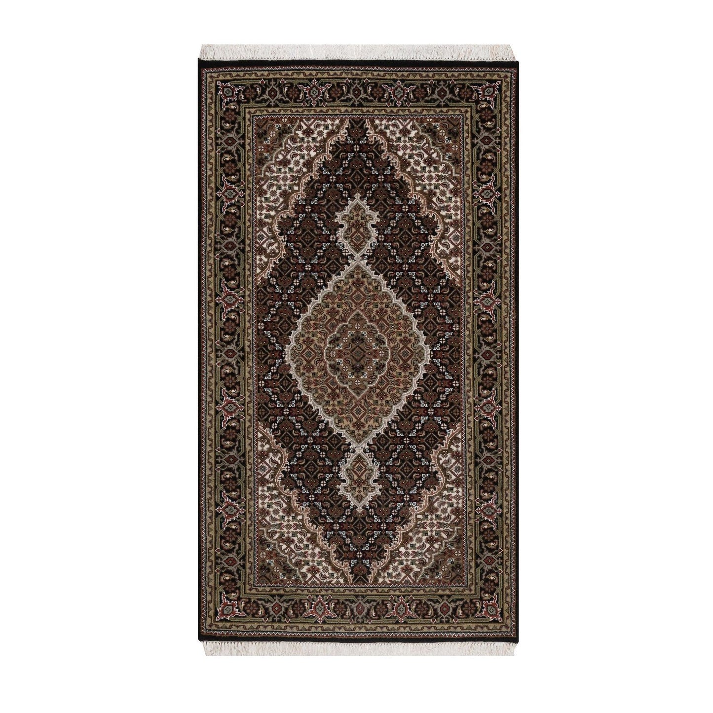 3'X5'4" Black Pure Wool Rug Tebraz Mahi With Medallion Design Hand Knotted