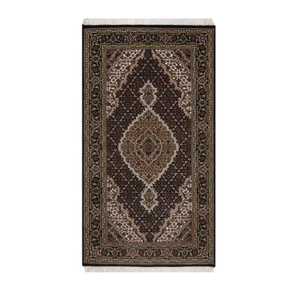 3'X5'4" Black Pure Wool Rug Tebraz Mahi With Medallion Design Hand Knotted