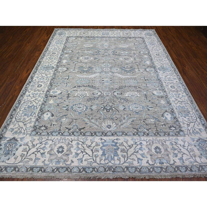 8'1"X10'1" Gray Sickle Leaf Design Hand Knotted Peshawar Heris Wool Rug