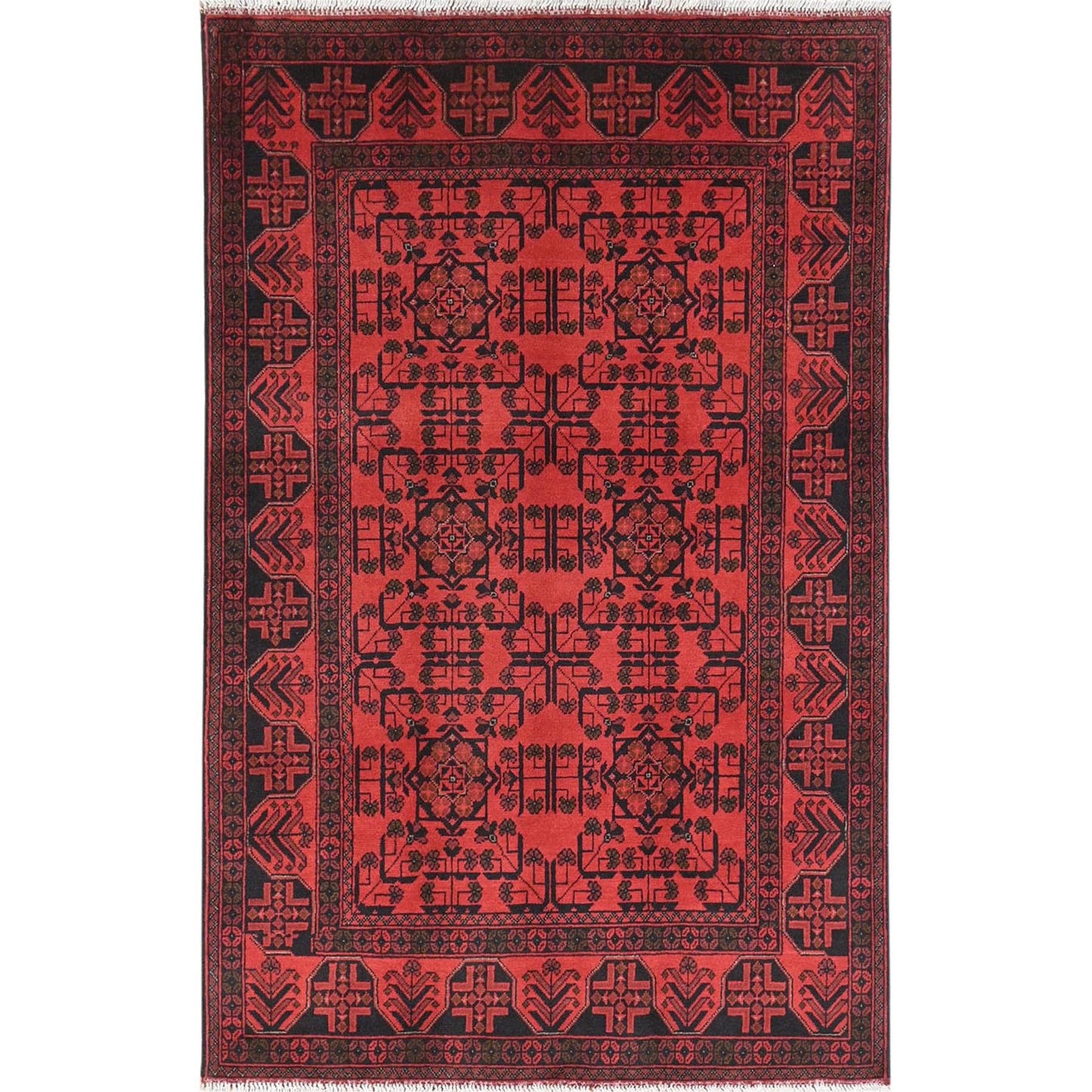4'2"X6'5" Red Afghan Andkhoy Wool Hand Knotted Oriental Rug