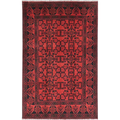 4'2"X6'5" Red Afghan Andkhoy Wool Hand Knotted Oriental Rug