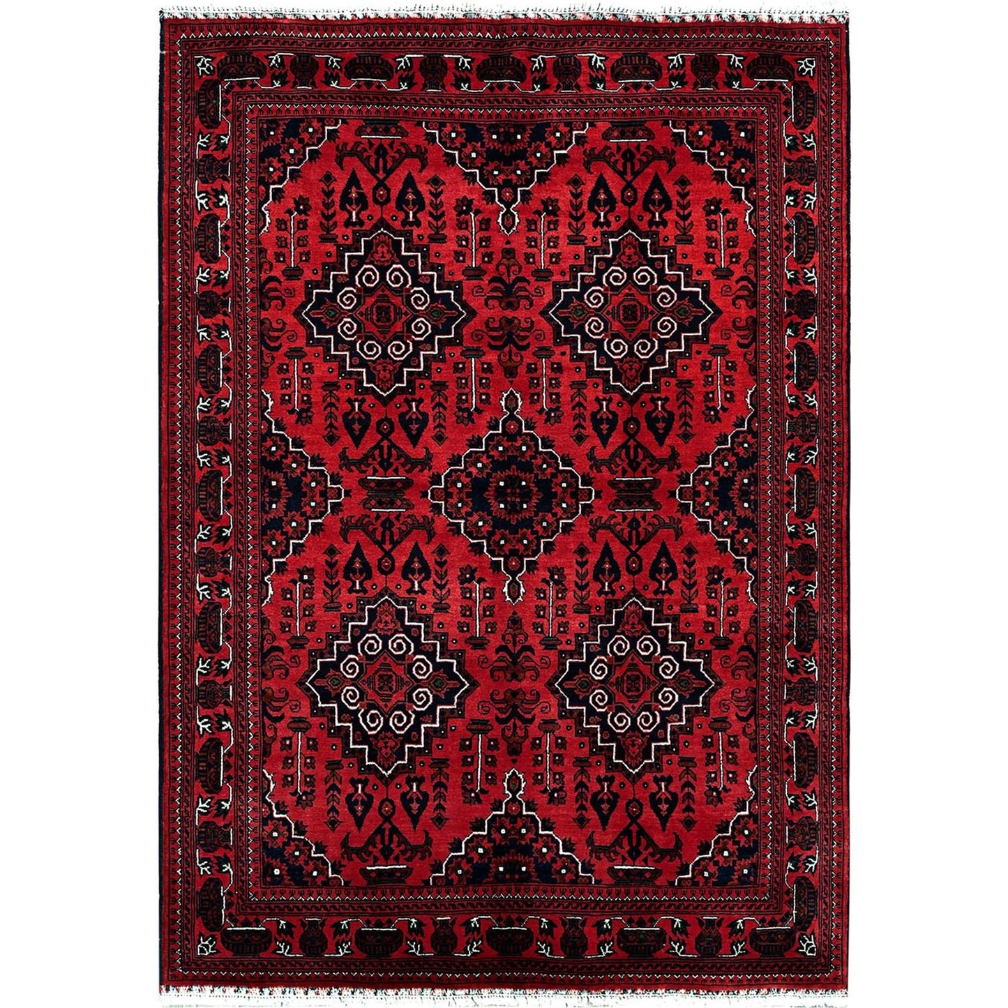 5'X7' Chili Red Hand Knotted Afghan Khamyab Geometric Design Pure Wool Rug