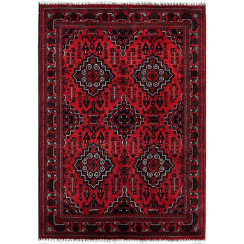 5'X7' Chili Red Hand Knotted Afghan Khamyab Geometric Design Pure Wool Rug
