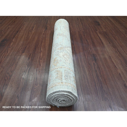 3'X9'6" Blue Hand Knotted Afghan Angora Oushak Leaf Motif Wool Runner Rug