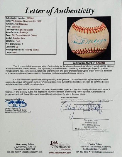 (JSA) Joe DiMaggio Autographed Cracker Jack Old Timers Baseball Classic Ball