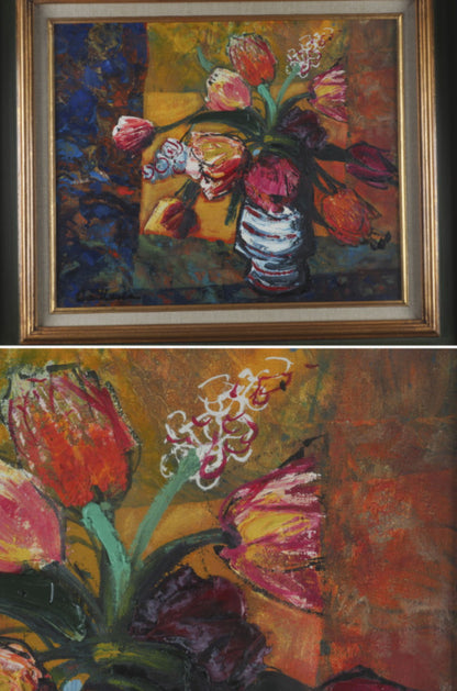 Rodolphe Caillaux Original Oil Painting Les Tulipes F8 Floral Still Life Signe