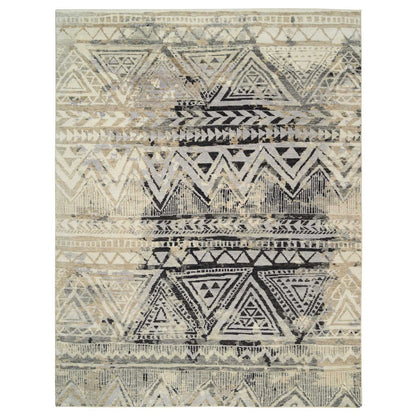 9'1"X12' Gray Erased Ethnic Geometric Design Wool Hand Knotted Rug