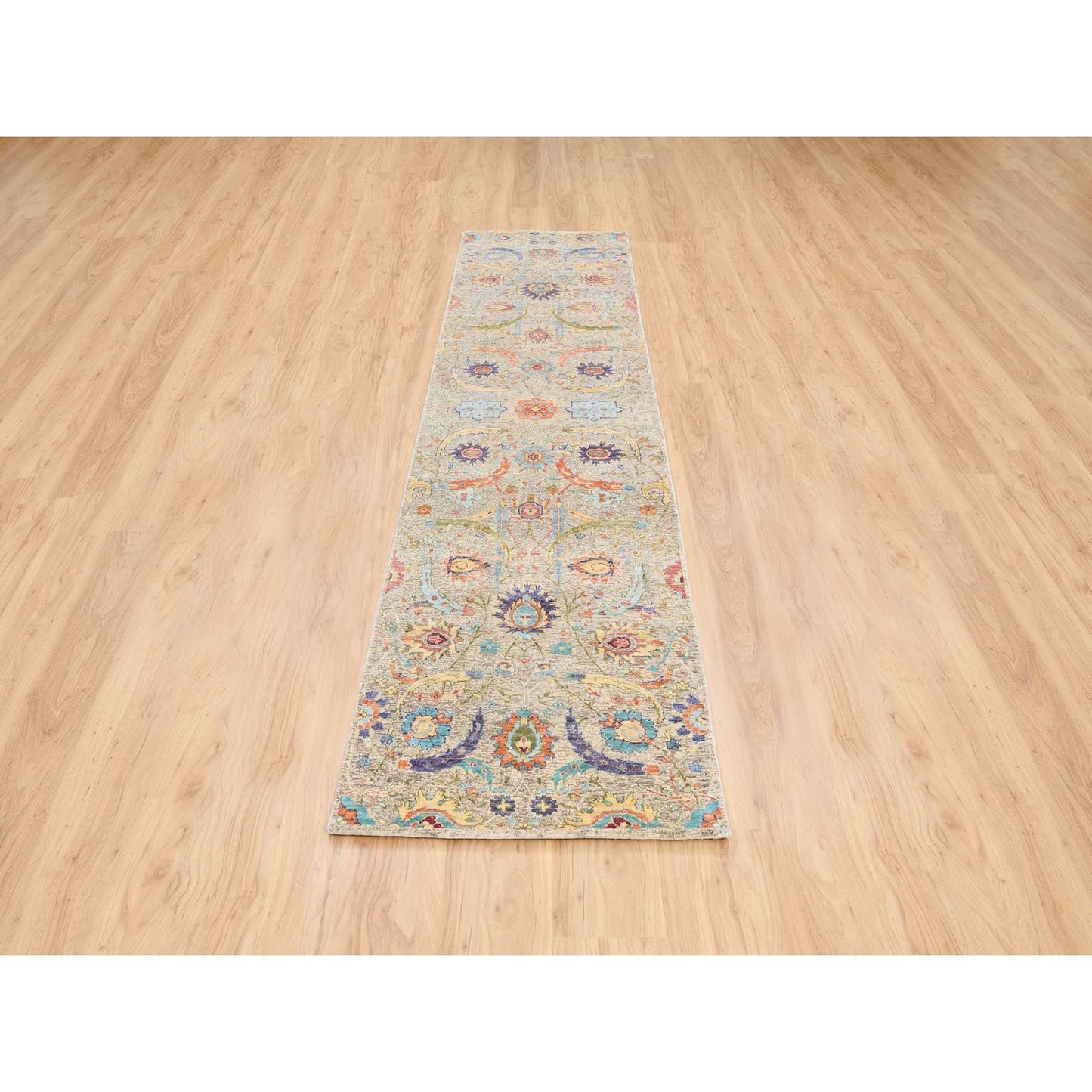 2'5"X10'1" Tan Silk With Textured Wool Hand Knotted Runner Rug
