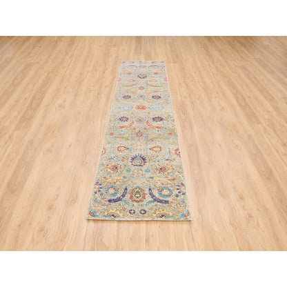 2'5"X10'1" Tan Silk With Textured Wool Hand Knotted Runner Rug