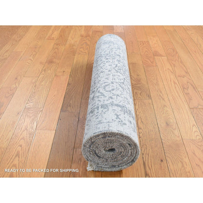 2'7"X7'10" Gray Hand Knotted Zoroastrian Design Wool And Silk Runner Rug
