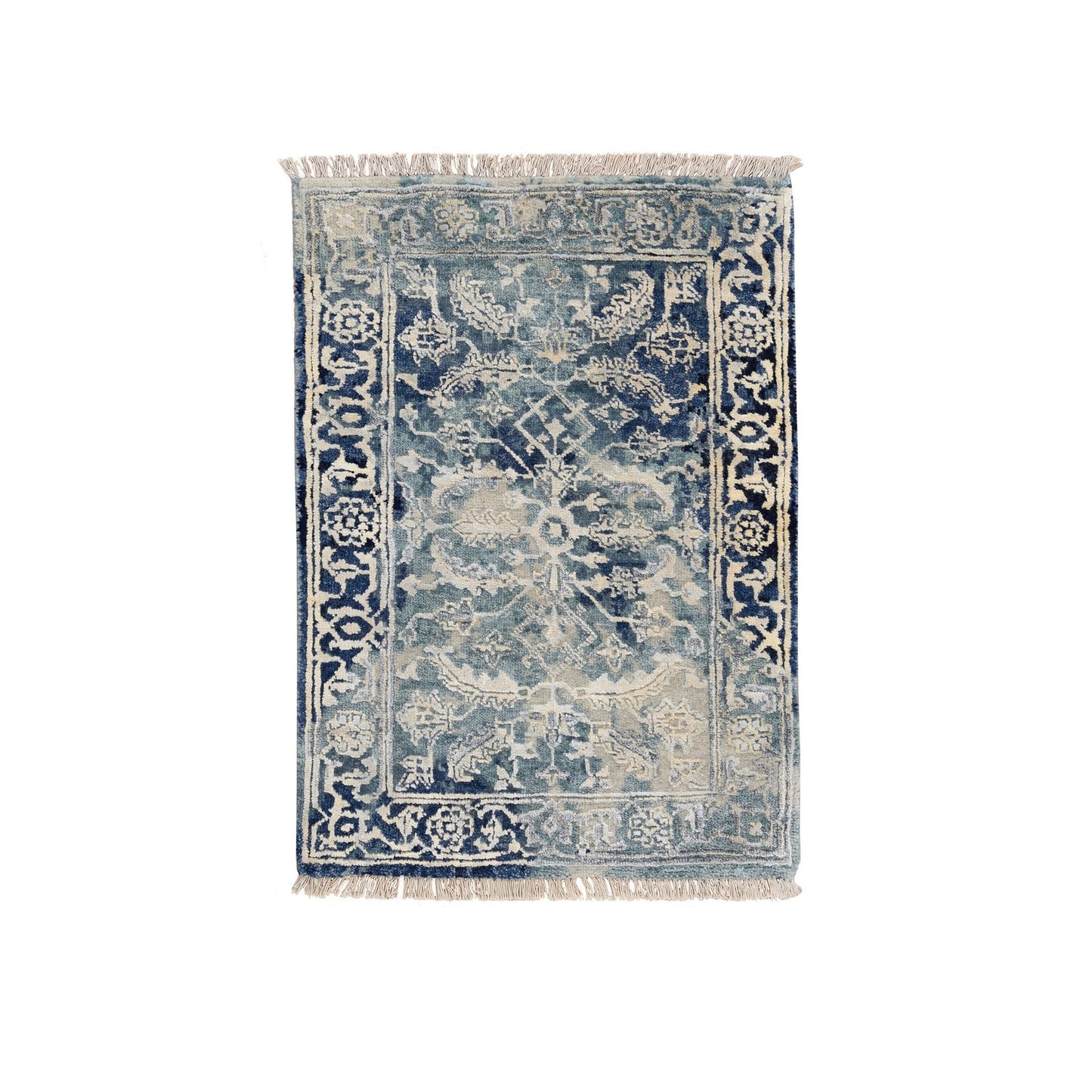 2'X3' Blue-Teal Erased Wool And Silk Hand Knotted Broken Farsian Mat Rug