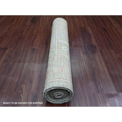 2'9"X9'10" Green Angora Oushak Tree Design Wool Hand Knotted Runner Rug