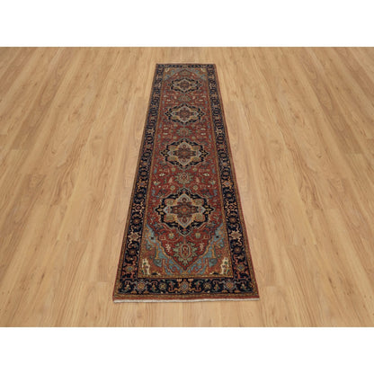 2'7"X10' Red Antiqued Fine Heris Re-Creation Hand Knotted Wool Runner Rug