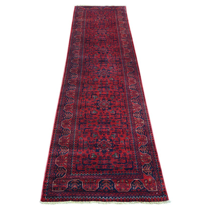 2'7"X9'5" Rich Red Afghan Khamyab Soft Wool Hand Knotted Runner Rug