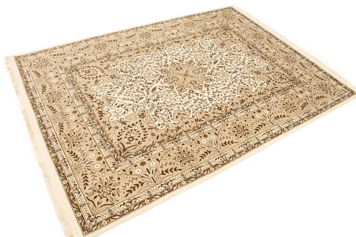 Handmade Vintage Style Cream Floral Kirman Rug