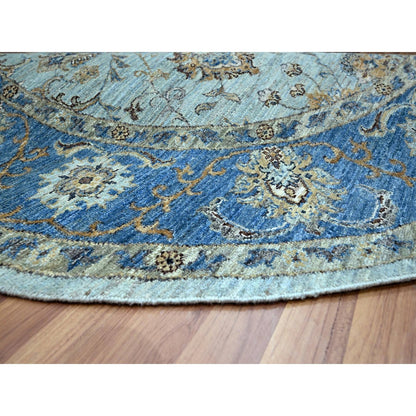 Blue round rug pure wool hand knotted flower design shah abbas blue.