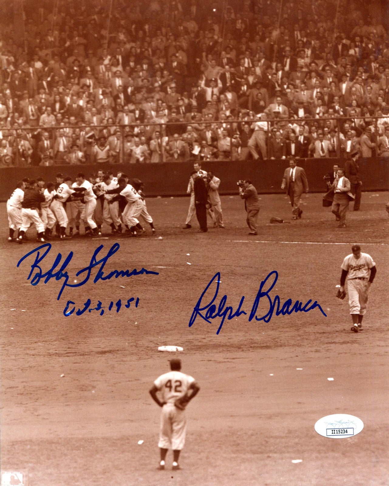 Bobby Thomson "Oct 3, 1951" & Ralph Branca Autographed Sepia 8X10 Photo (Jsa)