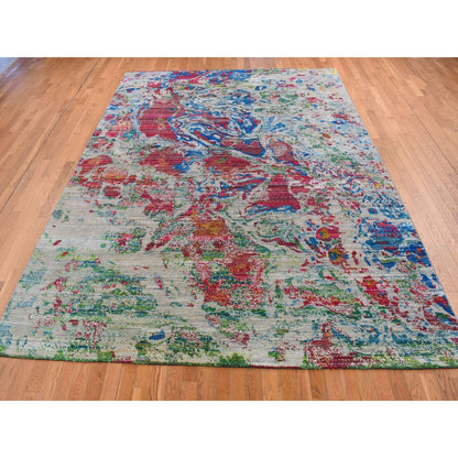 8'10"X12'2" Gray Abstract Design Sari Silk With Wool Hand Knotted Rug