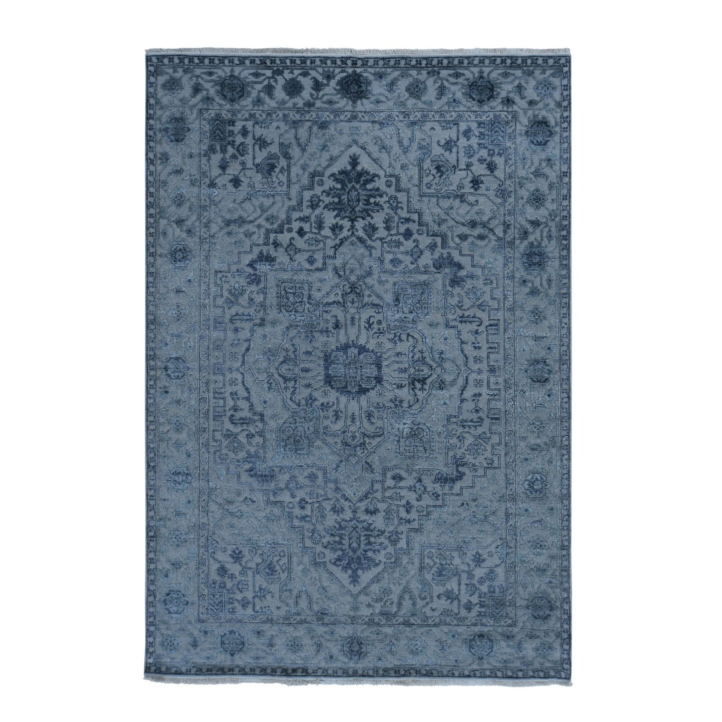 Rug 6'x9'2" Stone Gray Heris Design Wool and Silk Hi-lo Pile Hand Knotted