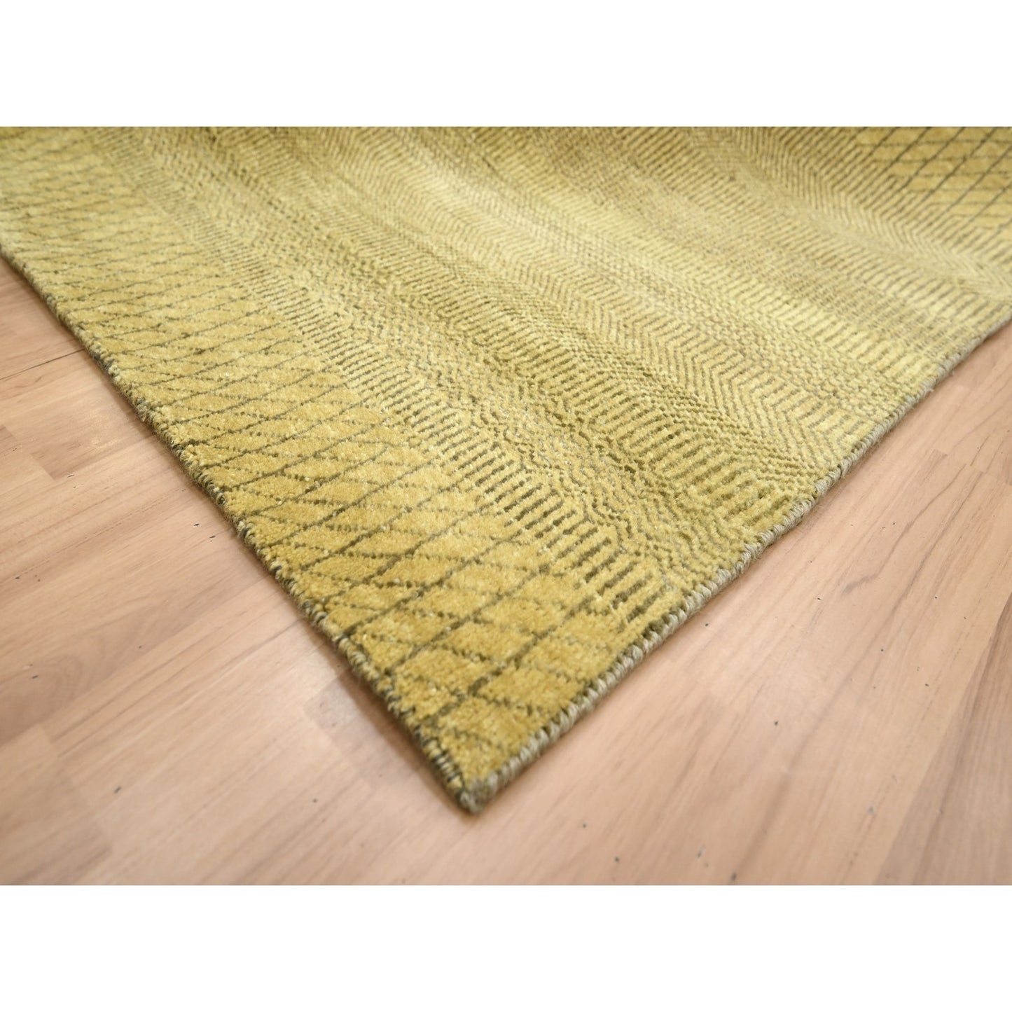 6'1"X9'6" Peanut Brown Modern Grass Design Hand Knotted Wool And Silk Rug