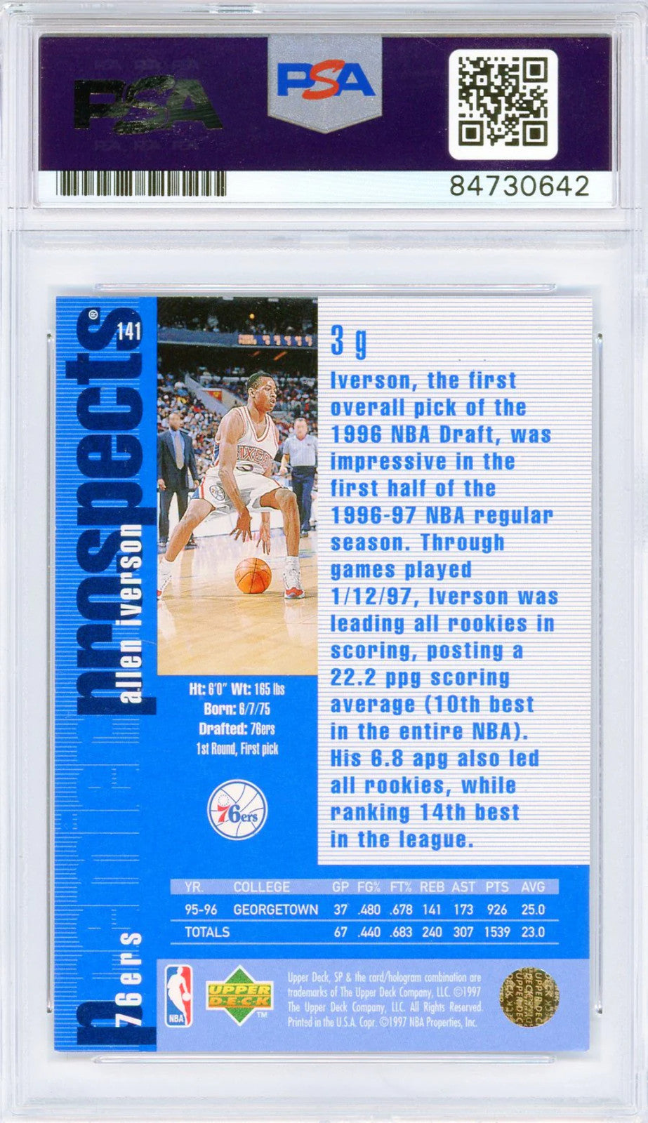 Allen Iverson Autographed 1997 Upper Deck Card #141 (Psa Auto)