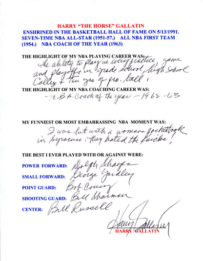 Harry Gallatin Autographed Hand Filled Out Survey Page (Jsa)