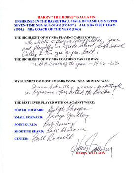 Harry Gallatin Autographed Hand Filled Out Survey Page (Jsa)