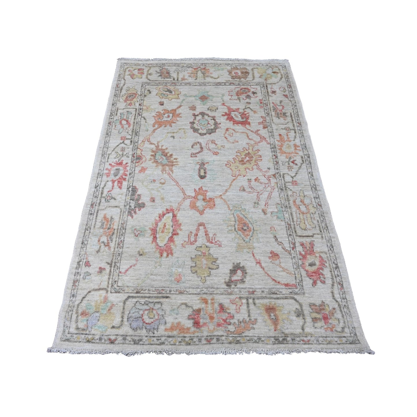 3'10"X5'10" White Afghan Angora Oushak Leaf Design Hand Knotted Wool Rug