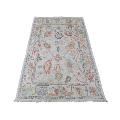 3'10"X5'10" White Afghan Angora Oushak Leaf Design Hand Knotted Wool Rug