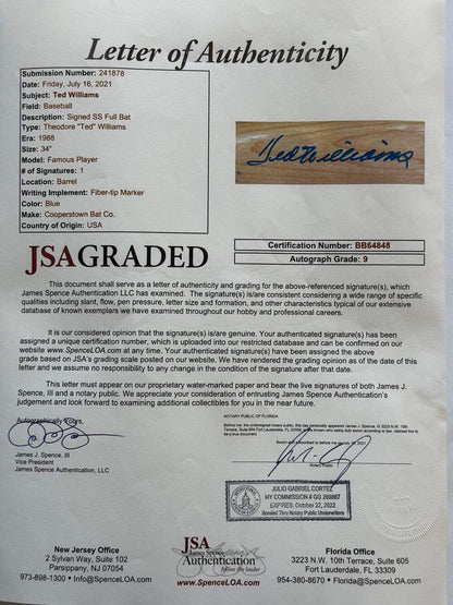 Ted Williams Autographed Cooperstown Bat (Jsa Graded)