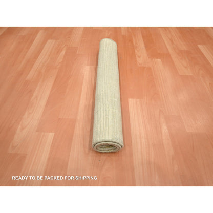 2'X3' Beige Plain Line Design Silk & Oxidized Wool Hand Knotted Mat Rug