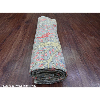 7'9"X7'9" Gray Birds Of Paradise Design Hand Knotted Soft Wool Round Rug