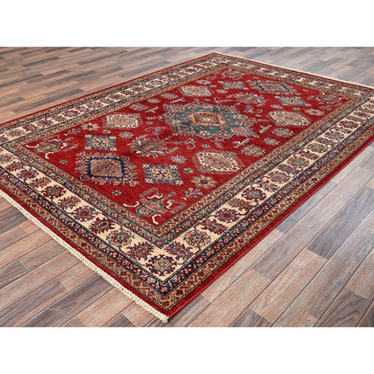 6'2"X8'6" Red Hand Knotted Afghan Super Kazak Medallions Design Wool Rug