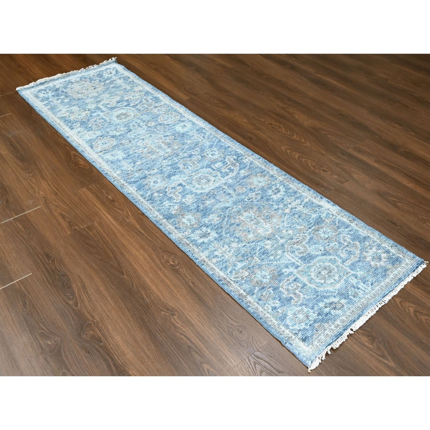 2'6"X8'5" Imperial Blue Oushak Design Hand Knotted Soft Wool Runner Rug