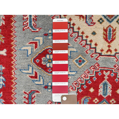 5'1"X7' Gray With Red Kazak Geometric Design Pure Wool Hand Knotted Rug