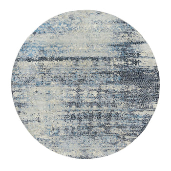7'X7' Blue Gray Wool & Silk Hand Knotted Abstract Round Oriental Rug