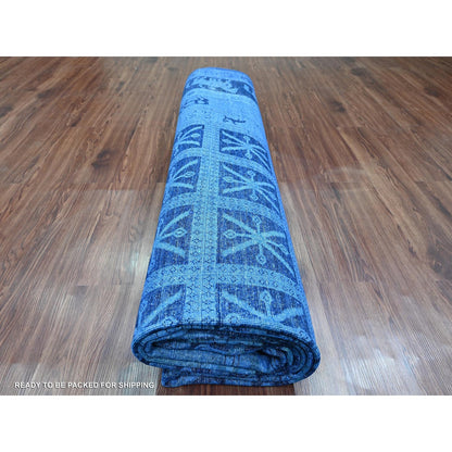 9'X12' Blue Overdyed Peshawar Pazyryk Design Pure Wool Hand Knotted Rug