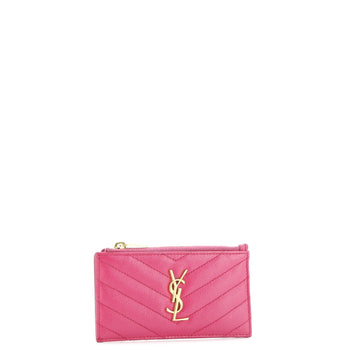 Saint Laurent Monogram Fragments Zip Card Holder Matelasse Chevron Leather